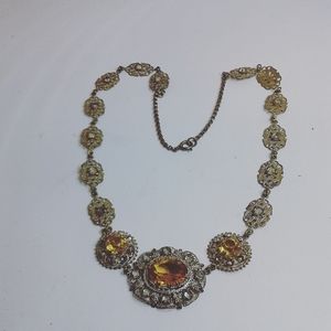 Vintage Gilt Necklace w/Amber and Crystal Stones